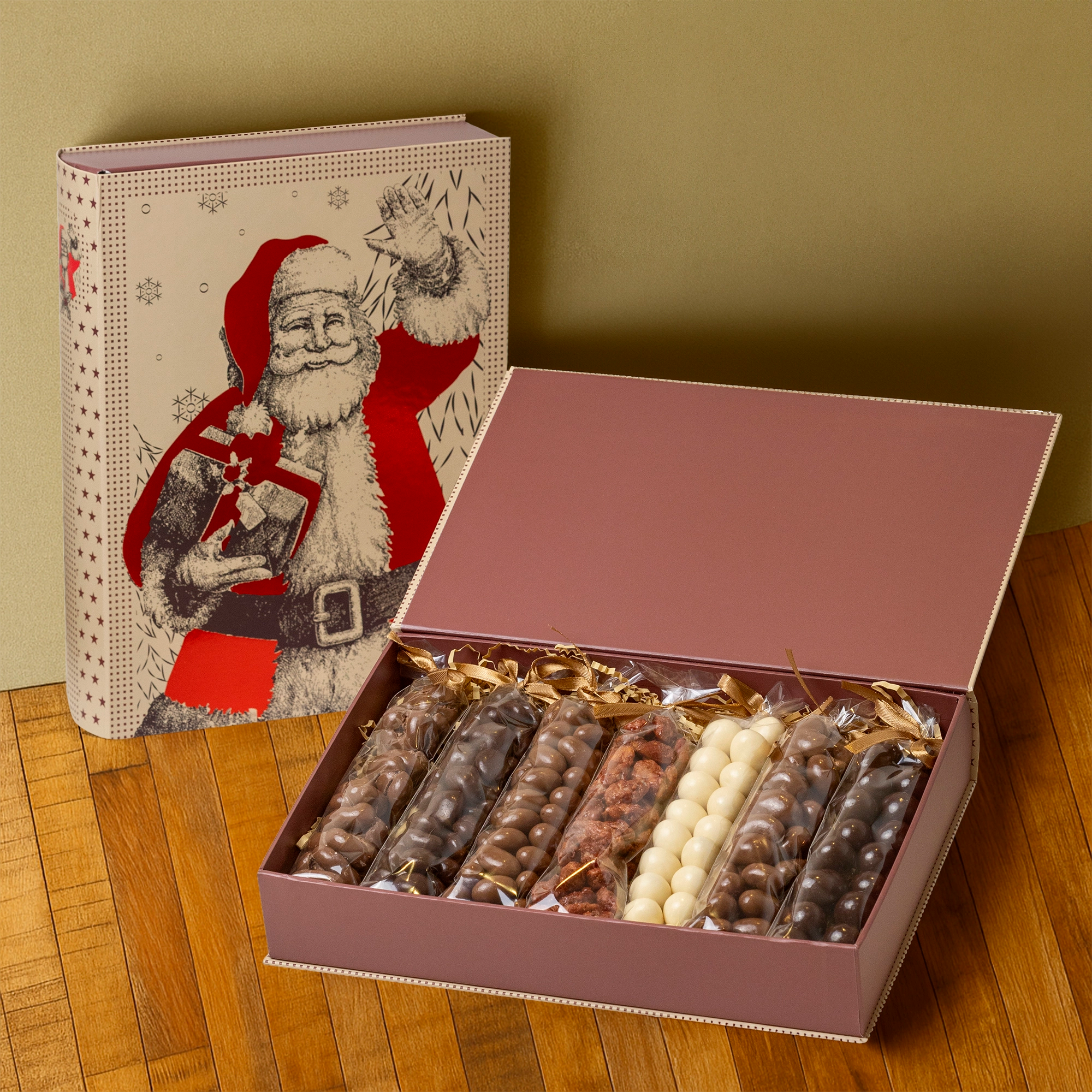 Caja rígida con forma de libro ilustrado de Papá Noel ideal para regalo de Navidad