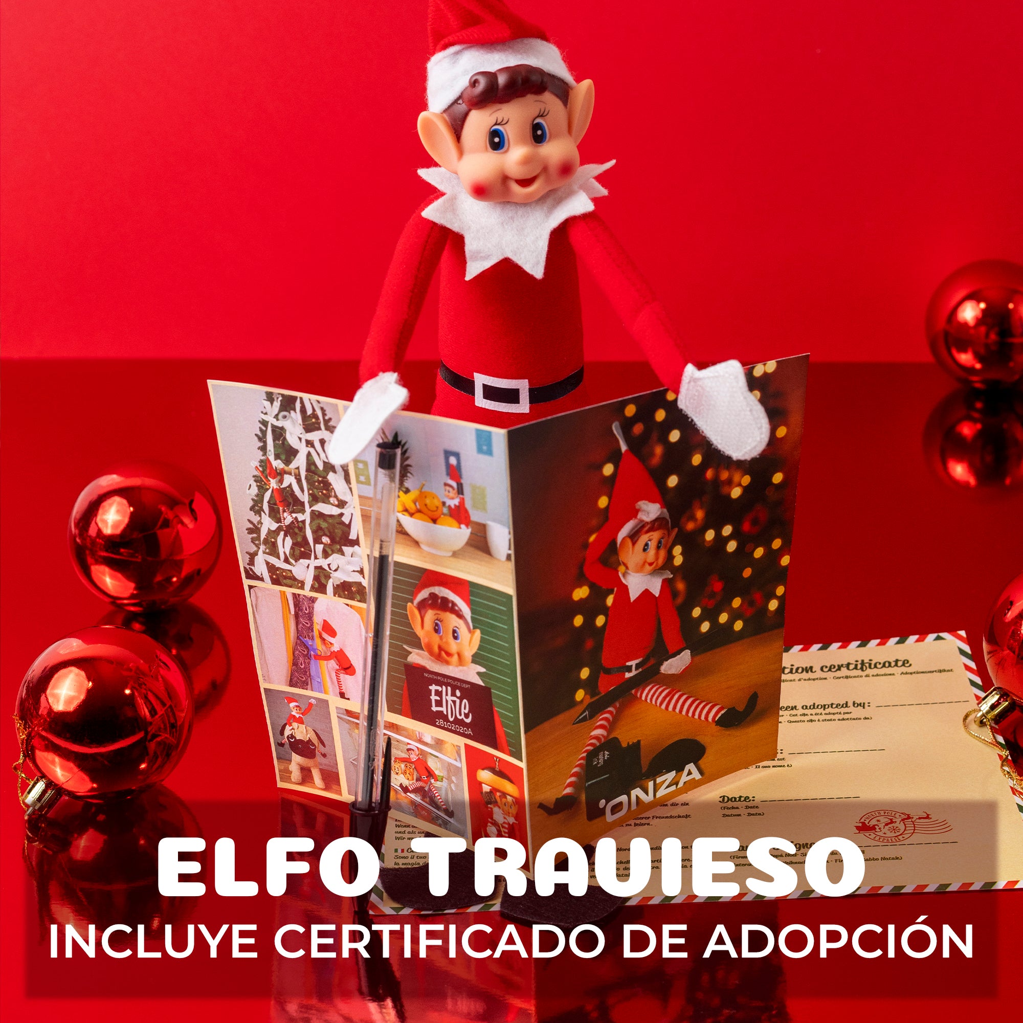 Elfo travieso con certificado de adopción incluido en la cesta Kinder de Navidad